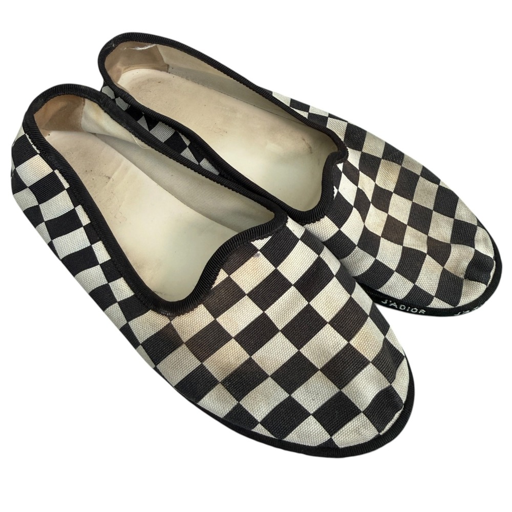 Christian Dior J'Adior Black White Checkerboard Canvas Flats 36.5 CL0118 - Picture 2 of 7